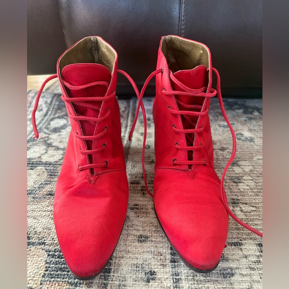 Vintage Yves Saint Laurent Red Satin Lace-Up Ankle Boots | Italy | Block Heel